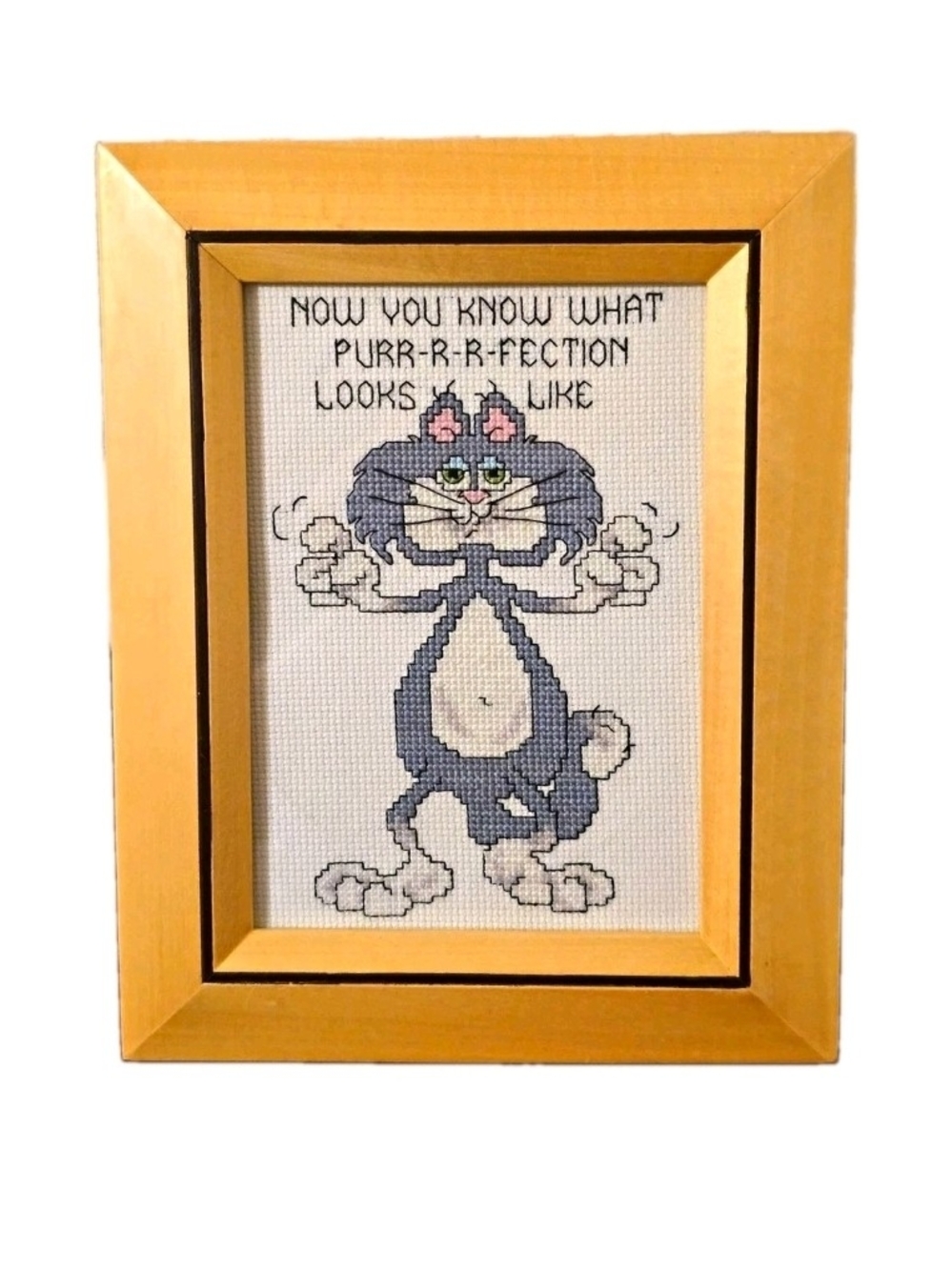 Vintage Finished Cross Stitch Cat "Purr-r-r-fection" Fetco Wood Frame 10x7.5"